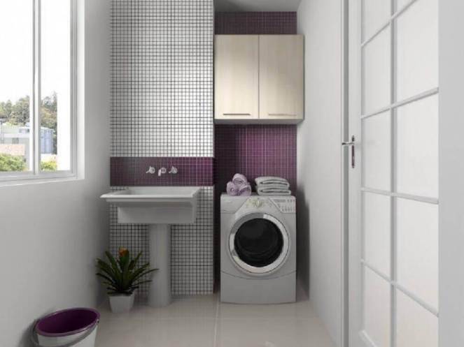 decoração-com-pastilhas-brancas-e-roxas-para-lavanderia-pequena-e-simples-Foto-Pinterest