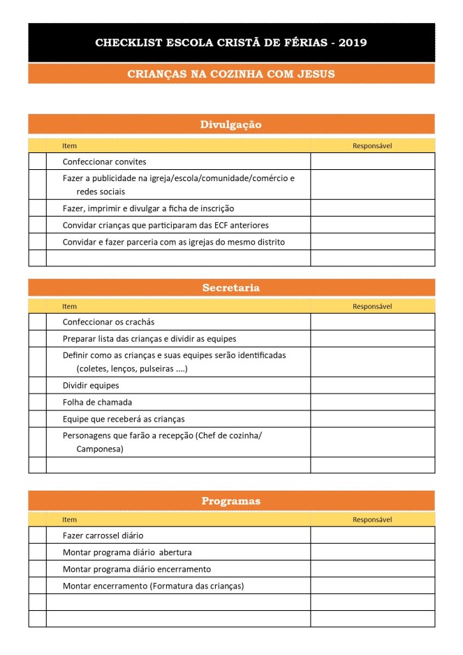 Checklist Escola Cristã de Férias 2019 - Crianças na cozinha 1