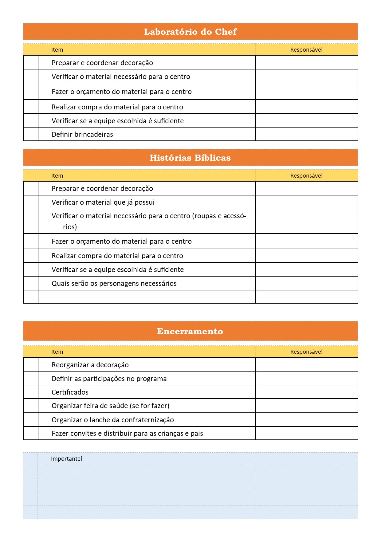 Checklist Escola Cristã de Férias 2019 - Crianças na cozinha