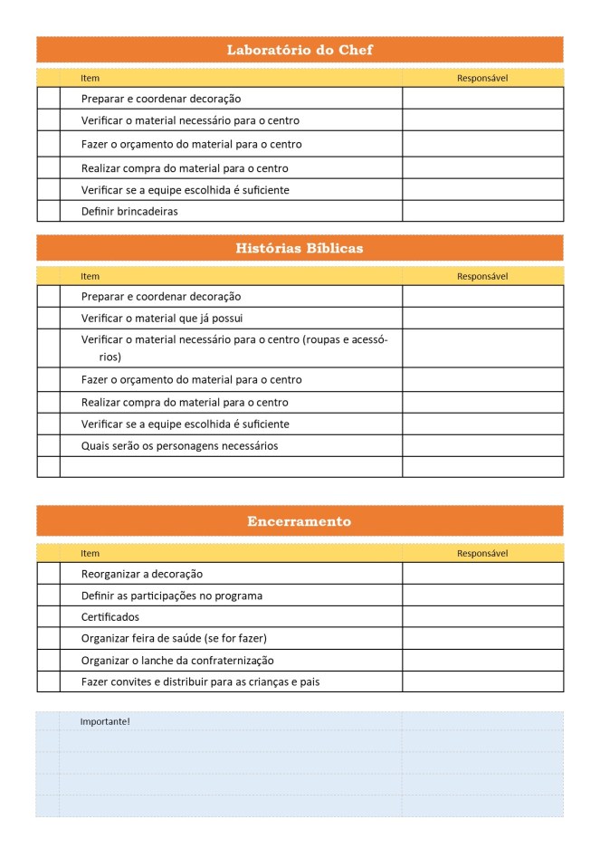 Checklist Escola Cristã de Férias 2019 - Crianças na cozinha
